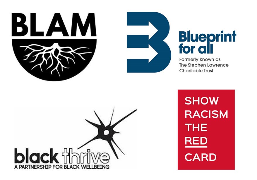 BLAM, Black Thrive, Blueprint for all, Show Racism the Red Card logos